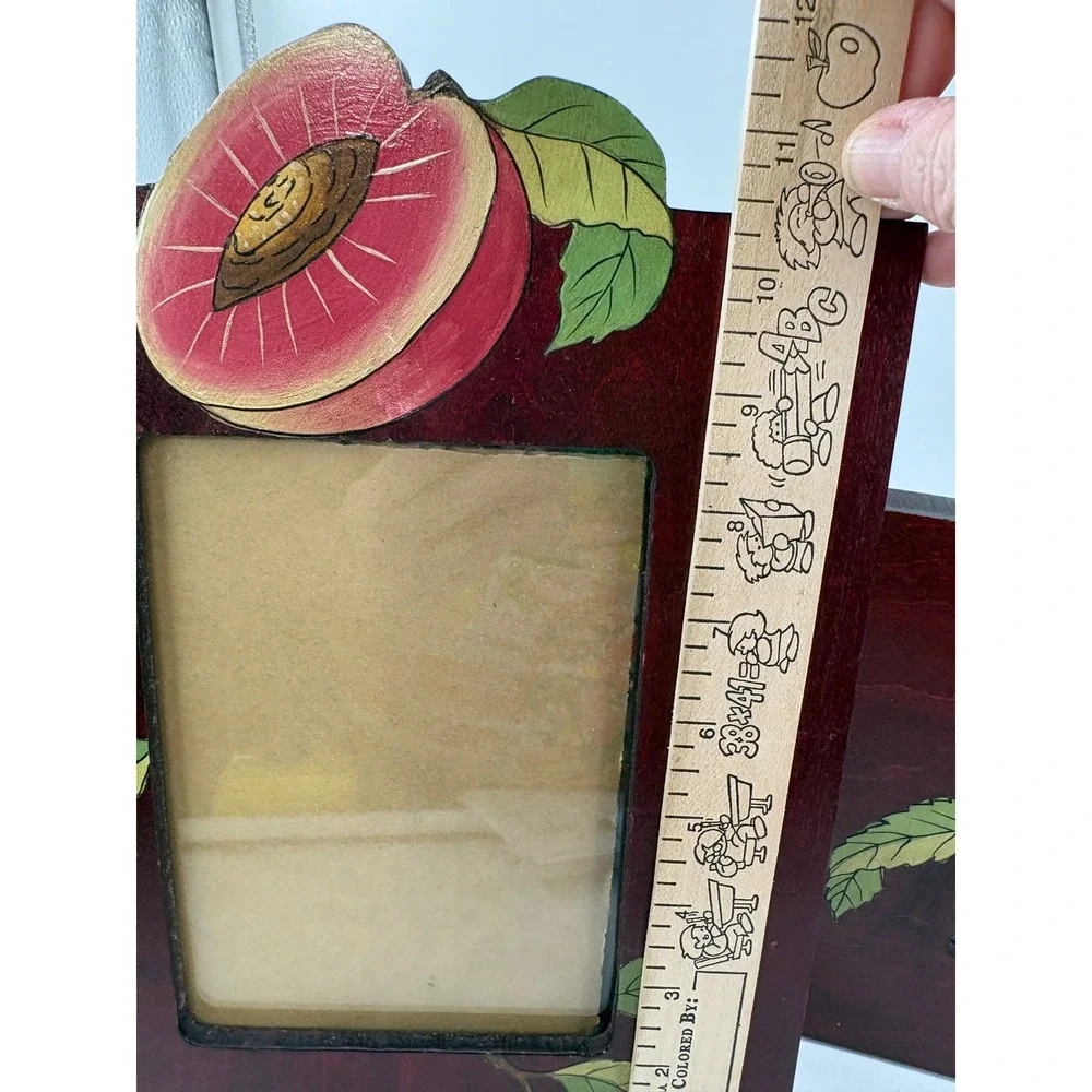 Vtg 1990s Tole Painted Cherry Wood Picture Frame Set 2 Peach Fruit Cottagecore